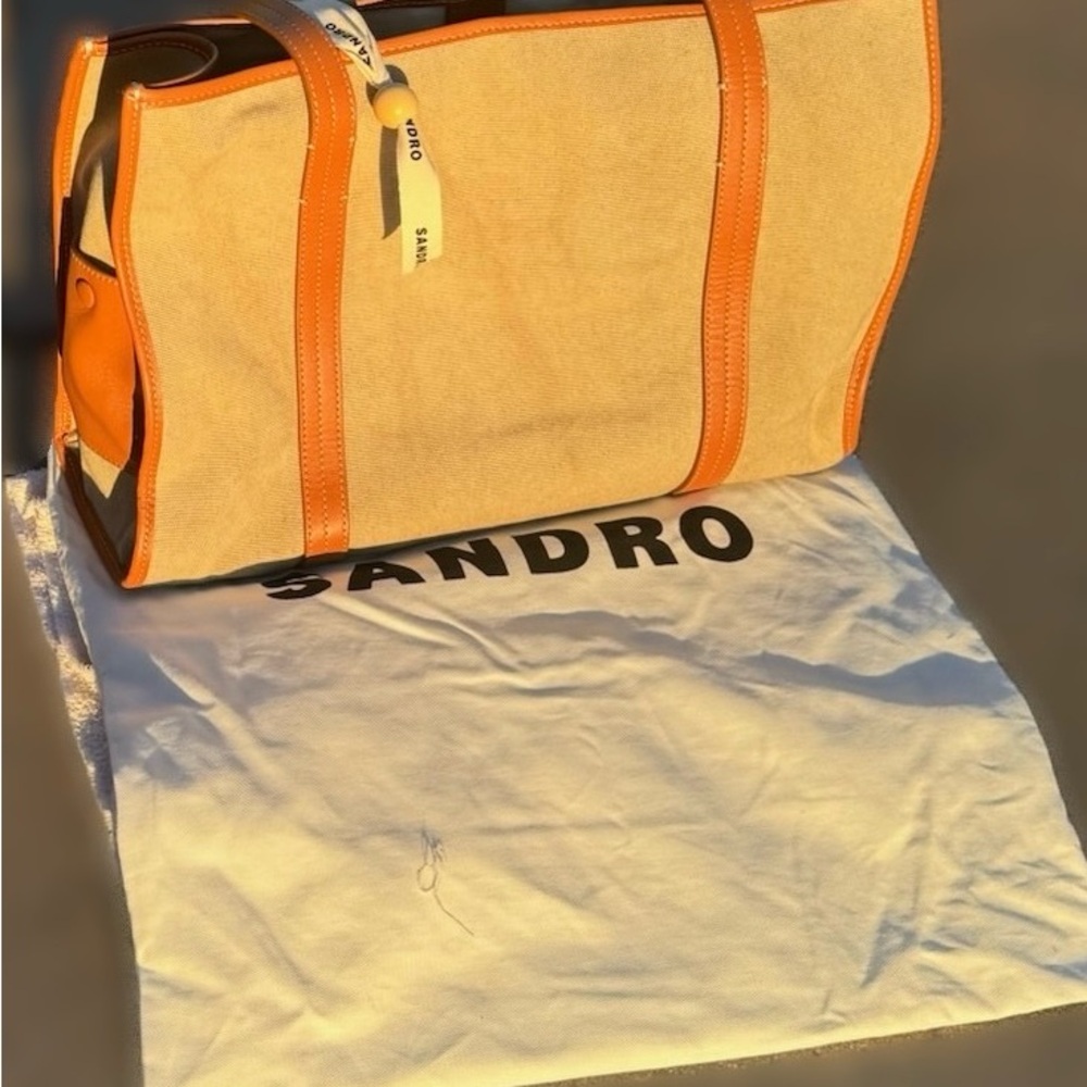 Sandro Shopper Bag in Cotton and Cowhide Beige Canvas Tote with Leather Trim